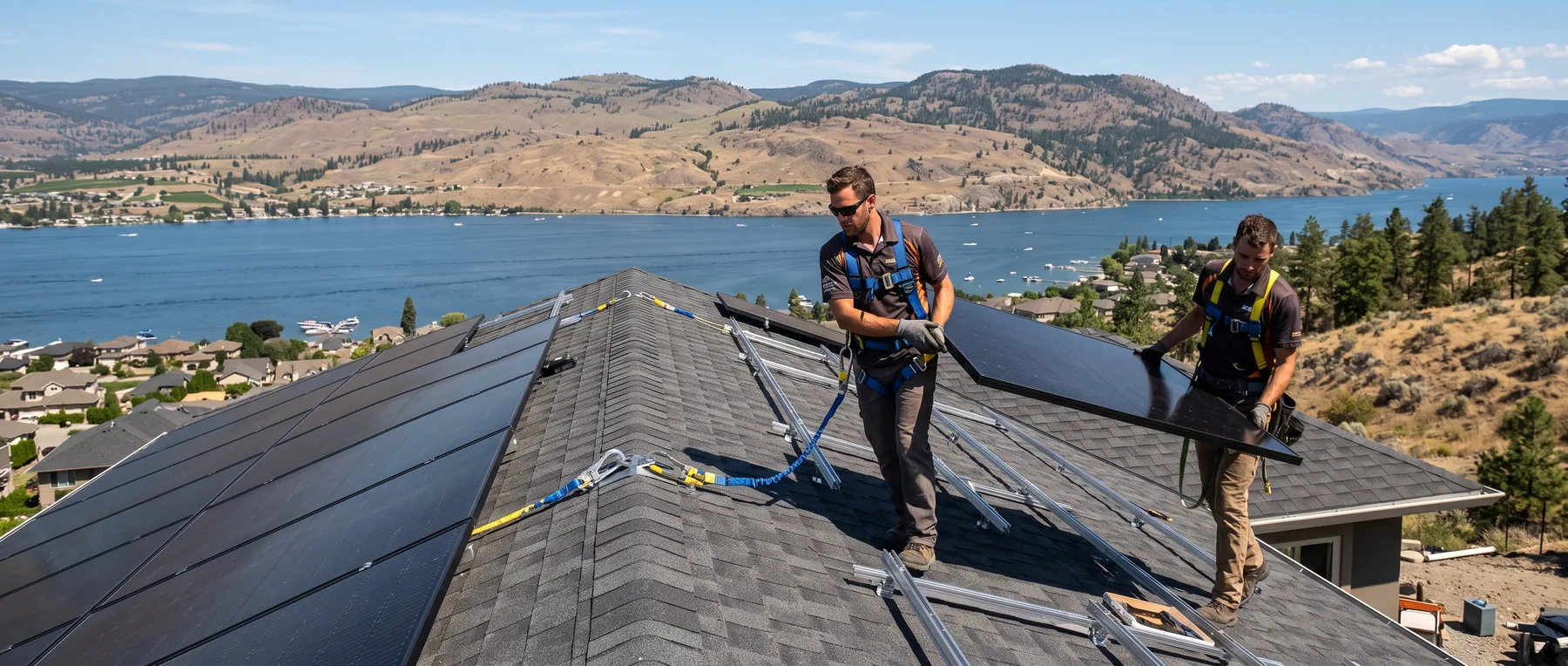 Two installers carrying a solar panel across a roof above Okanagan Lake