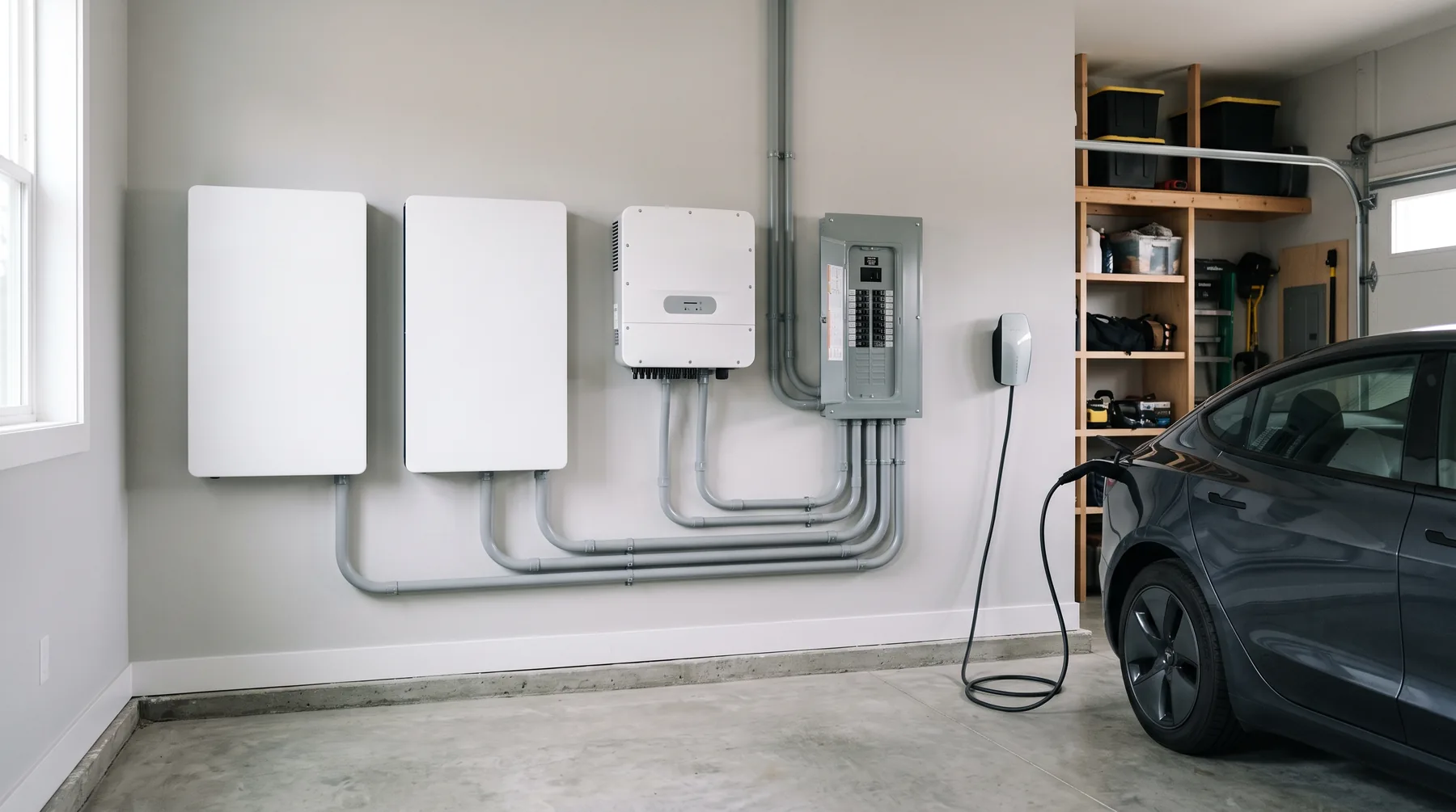 Two wall-mounted home batteries and a hybrid inverter in a garage beside an electric car