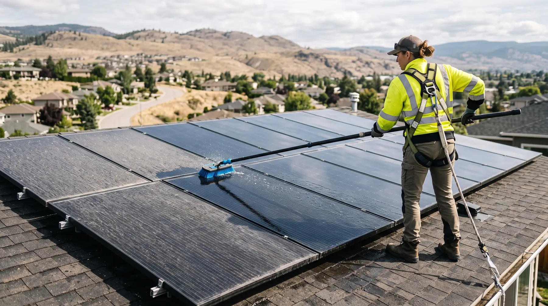 Technician cleaning a rooftop solar array with a soft brush on a pole